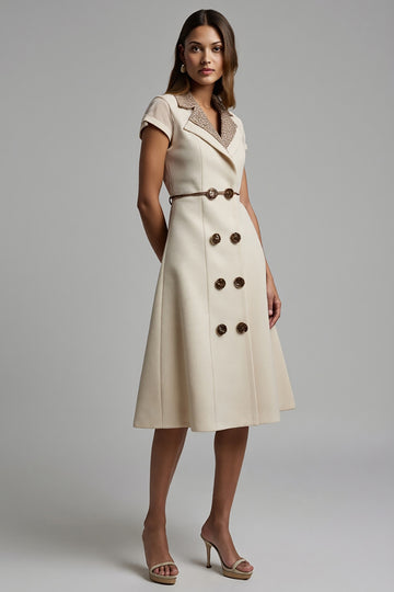 A Line Apricot V-Neck Work Dress with Buttons